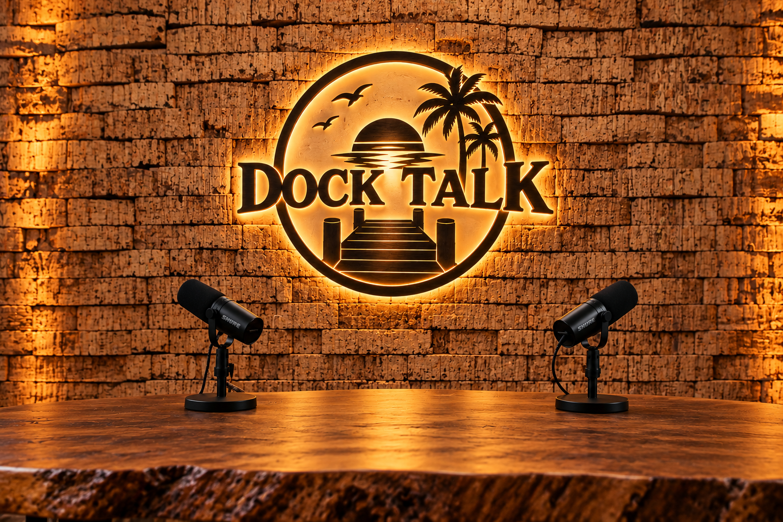 The Dock Talk studio — glowing logo, wood wall and two microphones